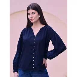 DL Woman Floral Embroidered Mandarin Collar Cotton Blouson Top-image-45