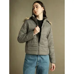 DL Woman Hooded Faux Fur Trim Padded Jacket-picture-10