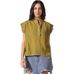 dl woman Solid Textured Sleeveless Round Neck Ruffle Top-picture-33