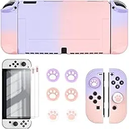 DLseego Switch OLED Protective Case Dockable Hard Shell Anti-Scratch Cover Joycon Accessory Skin with 6PCS Thumb Grips Caps and 2Pc Screen Protectors - Gradient Pink and Purple-image-10