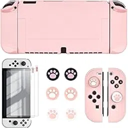 DLseego Switch OLED Protective Case Dockable Hard Shell Anti-Scratch Cover Joycon Accessory Skin with 6PCS Thumb Grips Caps and 2Pc Screen Protectors - Pink-image-2