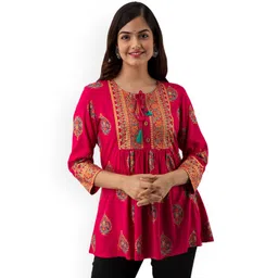 DMP FASHION Floral Yoke Design Tie-Up Neck Thread Work A-Line Kurti-picture-39