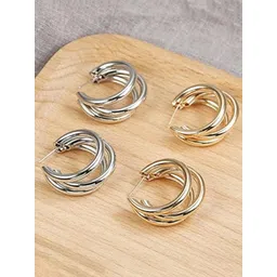 DN Creation Set Of 2 Gold Silver Plated Contemporary Twisted Layered Hoop Earrings-picture-21