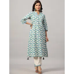 Do Dhaage Band Collar Floral Printed Pure Cotton A-Line Kurta & Trousers with Tassel-picture-24