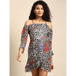 DODO & MOA Grey & Black Printed Crepe  A-Line Dress-picture-16