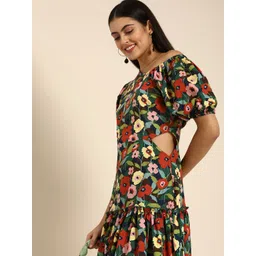 DODO & MOA Navy Blue & Yellow Floral Print One Shoulder A-Line Dress-picture-35