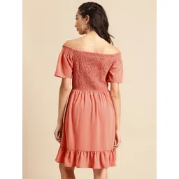 DODO & MOA Peach Off-Shoulder Fit & Flare Crepe Dress image 2