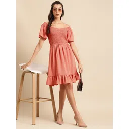DODO & MOA Peach Off-Shoulder Fit & Flare Crepe Dress image 4