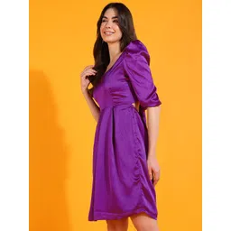 DODO & MOA Purple Round Neck Puff Sleeves Satin Fit & Flare Dress image 3