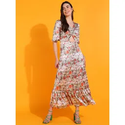 DODO & MOA White Floral Print V-Neck Puff Sleeves Satin Fit & Flare Maxi Dress-picture-24