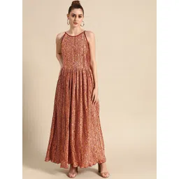 DODO & MOA Women Cream-Coloured & Maroon Ethnic Motifs Satin Maxi Dress-picture-36
