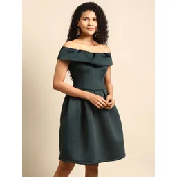 DODO & MOA Women Green Solid Off Shoulder Pleated A-Line Dress-picture-35
