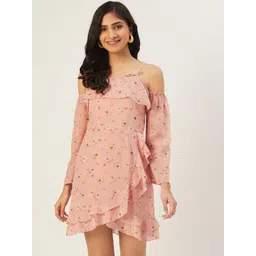 DODO & MOA Women Peach Floral Printed Georgette A-Line Dress-picture-38