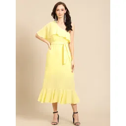 DODO & MOA Women Yellow Solid One Shoulder A-Line Dress-picture-17