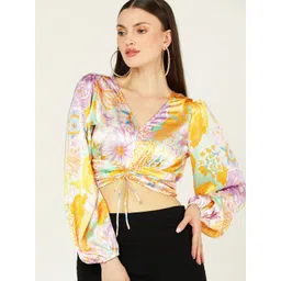 DODO & MOA Yellow Floral Printed V-Neck Bishop Sleeves Cinched Tie-Up Casual Crop Top-picture-41