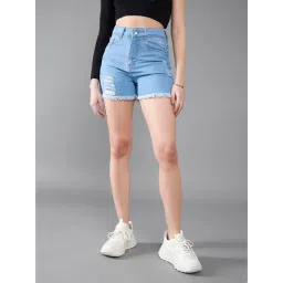DOLCE CRUDO Blue Denim Distressed Mid Rise Shorts-picture-17