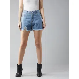 DOLCE CRUDO Blue Denim Distressed Mid Rise Shorts-picture-40