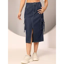 DOLCE CRUDO Denim High-Rise Clean-Look Straight Cargo Midi Skirt-picture-26