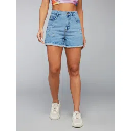 DOLCE CRUDO Light Blue Denim Distressed Mid Rise Shorts-picture-18