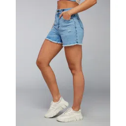 DOLCE CRUDO Light Blue Denim Distressed Mid Rise Shorts image 3