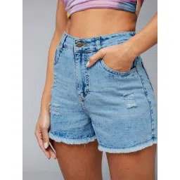 DOLCE CRUDO Light Blue Denim Distressed Mid Rise Shorts image 5