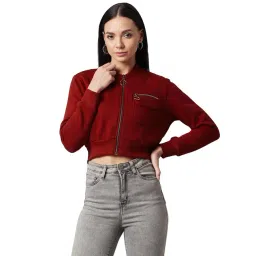 DOLCE CRUDO Maroon Full Sleeves Cropped Jacket-image-4