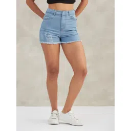 Dolce Crudo Navy Blue Flare Fit Distressed Shorts-picture-25