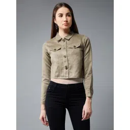 DOLCE CRUDO Olive Relaxed Fit Crop Jacket-picture-29