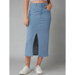 DOLCE CRUDO Straight Fit High Rise Clean Look Stretchable Denim Midi Skirt-picture-26