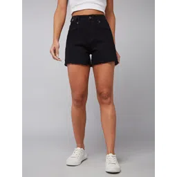 DOLCE CRUDO Women Black Relaxed Fit High-Rise Raw Edge Denim Shorts-picture-11