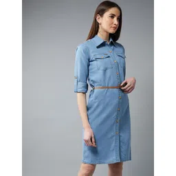 DOLCE CRUDO Women Blue Denim Shirt Dress-picture-13