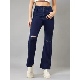 DOLCE CRUDO Women Cotton Bootcut High-Rise Slash Knee Stretchable Jeans-picture-27