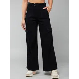 DOLCE CRUDO Women Cotton Wide Leg High-Rise Cargo Styles Stretchable Jeans-picture-14