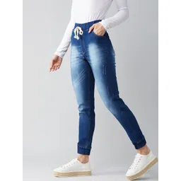 DOLCE CRUDO Women Navy Blue Jogger Mildly Distressed Heavy Fade Stretchable Jeans-picture-11