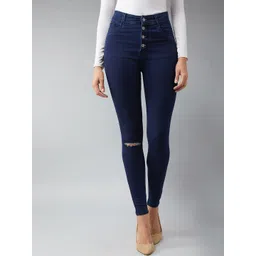 DOLCE CRUDO Women Navy Blue Skinny Fit High-Rise Stretchable Slash Knee Jeans-picture-28