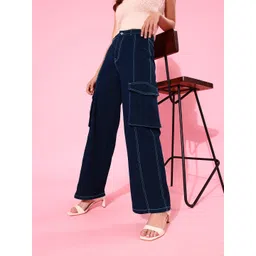DOLCE CRUDO Women Navy Blue Wide Leg High-Rise Stretchable Jeans-picture-30