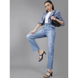 DOLCE CRUDO Women Wide Leg High-Rise Light Fade Clean Look Cotton Stretchable Jeans-picture-16