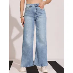 DOLCE CRUDO Women Wide Leg High-Rise Light Fade Cotton Stretchable Jeans-picture-15