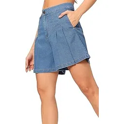 dolce crudo Women's Flared High-Rise Clean-Look Regular-Length Stretchable Special Light-Weight Denim Shorts (DOSS23DEN09-12-505-32, Tiffany Blue, 32)-picture-12