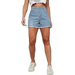 dolce crudo Women's Relaxed Mid Rise High Distress Regular Non Stretchable Denim Shorts-picture-43