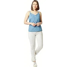 dolce crudo Womens Round Neck Puff Sleeve Solid Denim Peplum-picture-11