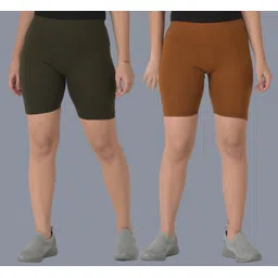 dollar missy Pack of 2 Solid Women Dark Green, Beige Cycling Shorts-picture-25