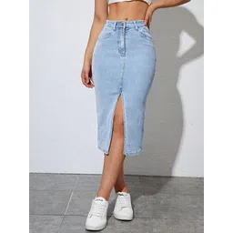 dolsia Women Solid Pencil Light Blue Skirt-picture-24