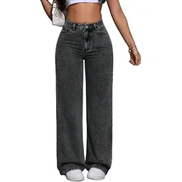 dolsia Women's High Waist Wide Leg Straight Fit Comfortable Stylish Black Denim Jeans-picture-51