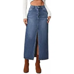 dolsia trends Women's Mid Rise Denim Midi Skirt with Front Slit and Pockets | Classic Blue Wash A-Line Denim Skirt | Casual & Streetwear-picture-35