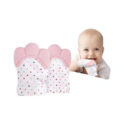 DOMENICO Silicone Teether Mitten Glove Polka Dot Print - Pink pack of 2-picture-20