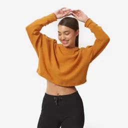 domyos Women's Sweater Cropped Drawstring 520 For Gym-Ochre-picture-16