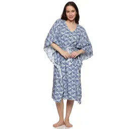 Don Vino Blue & White Cotton Printed Kaftan Night Dress-picture-11