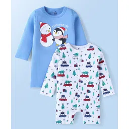 Doodle Poodle 100% Cotton Full Sleeves Penguin & Vehicle Printed Rompers Pack of 2 -Blue & White-picture-22