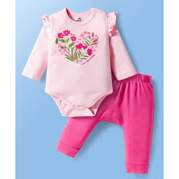 Doodle Poodle 100% Cotton Interlock Knit Full Sleeves Onesie with Diaper Leggings with Floral Print & Frill Dteailing - Pink-A-Boo & Fandango Pink-picture-30